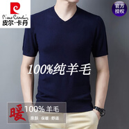 皮爾卡丹（pierre cardin）100羊毛衫男短袖秋冬薄款純色中青年半高領(lǐng)毛衣半袖羊毛絨針織衫 上青V款領(lǐng) 4XL 190/104A(建議185-200斤)