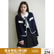 獨(dú)束大碼女裝撞色流蘇邊粗花呢外套女冬裝新款微胖mm羊毛混紡短外套 藏青色 L