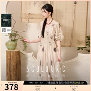 三彩【春水煎茶】2025夏季新款新中式連衣裙V領(lǐng)高腰A字裙長裙C 燕麥色花卉 M 160/84A