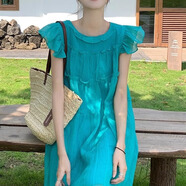 西兒多巴胺湖藍色小飛袖連衣裙海邊度假風(fēng)沙灘裙女a(chǎn)字多巴胺丁達爾裙 藍色 M 90-105斤