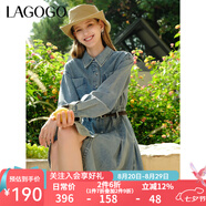 lagogo百搭長(zhǎng)袖牛仔連衣裙女拉谷谷春秋款純棉收腰百褶氣質(zhì)裙子 淺牛仔藍(lán)(N7) XL
