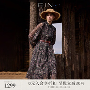 EIN言浪漫碎花印花蕾絲翻領(lǐng)長燈籠袖文藝雪紡連衣裙2025夏季新款 石墨黑 S