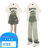 梵奧格（FANAOGE）閨蜜裝學(xué)生夏時尚兩件套炸街姐妹套搭配一整套顯瘦短袖牛仔褲 白杏色上衣+牛仔長褲 M