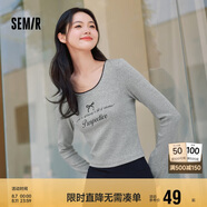 森馬長(cháng)袖T恤女短款蝴蝶結字母春秋溫柔蕾絲緊身上衣107624101001