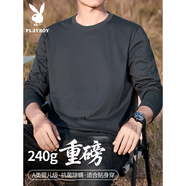 花花公子（PLAYBOY）240g重磅純棉長袖t恤男精梳棉春秋季純色寬松不透圓領(lǐng)體恤打底衫 19508墨藍色 M (適合120斤以下)