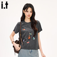 :CHOCOOLATE it卡通小狗刺繡短袖T恤女2025夏季新款休閑趣味上衣 灰色 S
