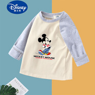 迪士尼（Disney）男童純.棉長(cháng)袖T恤早秋季薄款休閑寬松韓版中小童裝兒童女童打底衫 紅鞋米奇-灰色官方旗艦版 120