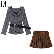 :CHOCOOLATE  it女裝潮牌秋冬連衣裙蕩領(lǐng)假兩件針織衫麂皮絨百褶半身裙套裝女 灰色上衣+咖色裙 【上衣均碼】 M
