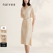 納薇（naivee）商場同款夏季新款氣質(zhì)知性時尚百搭寬松短袖薄款系帶連衣裙女 淺米駝 S 155/80A