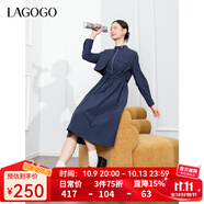 LAGOGO抽繩收腰文藝通勤連衣裙女拉谷谷春秋新款不對(duì)稱設(shè)計(jì)a字裙 藏青色(M0) M