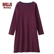 無(wú)印良品 MUJI 女式 粗棉線(xiàn) 條紋長(cháng)袖連衣裙 紅色X橫條 S