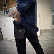 花花公子（PLAYBOY）秋冬季新款滿天星重工燙鉆鑲珠柳釘牛仔褲男女高端潮牌網紅長褲子 黑色(鑲鉆三角標) (高質量) 28