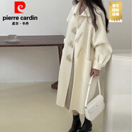 皮爾卡丹（PIERRE CARDIN）中長款牛角扣雙面絨毛呢外套女上檔次小個子泡泡袖娃娃領(lǐng)呢子大衣 嘉興雙面呢大衣黑色米白色 S 濮院雙面絨大衣  建議105-115斤