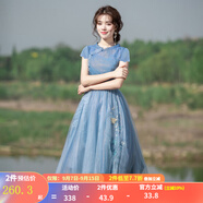 煙花燙短袖超仙森系連衣裙女2025春新品淑女收腰繡花網(wǎng)紗中長裙子 化雪 寶藍(lán)色 XL
