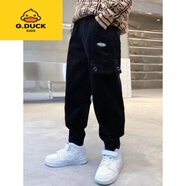G.DUCKKIDS新款男童燈芯絨褲子秋冬款兒童木棉絨大童休閑褲中大童長(cháng)褲 黑色燈芯絨工裝褲春秋款 愛(ài)西娜 110