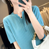 【顯瘦薄款】新款夏季女裝圓領(lǐng)坑條針織短袖半袖打底衫GHAD437 湖藍色 XL （125-135斤）