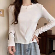 HTBT棉質(zhì)長(cháng)袖t恤女2025秋衣打底衫女內搭學(xué)生可外穿T恤衫韓版修身顯瘦 純白色 M （95-105斤）