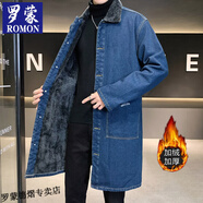羅蒙風(fēng)衣男中長(cháng)款冬季加厚加絨潮流寬松大碼羊羔毛翻領(lǐng)牛仔大衣外套男 藍色 XL