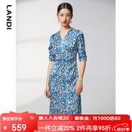 藍(lán)地（LANDI）商場同款夏季新款腰部抽褶碎花印花短袖連衣裙女 淺藍(lán)色 M