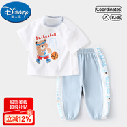 迪士尼（Disney）男童夏季套裝薄款寶寶短袖純棉嬰兒夏裝女童褲子網(wǎng)眼兒童夏日衣服 藍色小熊A 80 cm 建議身高70-80CM，體重16