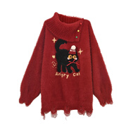森女部落慵懶風(fēng)可愛(ài)貓咪刺繡設計感寬松毛衣女2025新款秋冬針織衫 紅色毛衣 單件 S 模特碼