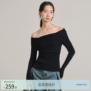 亦谷紅色一字肩上衣針織衫女裝2025春季新款內搭打底衫高級感毛衣 黑色 M
