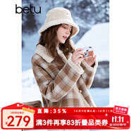 百圖betu女裝冬季新款短外套羊羔絨翻領(lǐng)復(fù)古格紋拼色外套2410T71 咖色格 L
