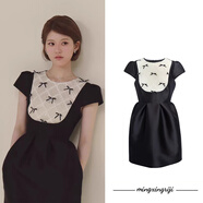 趙露思同款蕾絲泡泡袖洋裝女夏2025新款重工蝴蝶結蓬蓬裙小黑裙 裙子 M