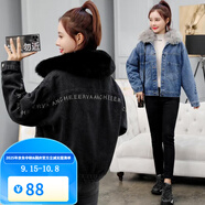 梵奧格（FANAOGE）2023冬裝新款ins大毛領(lǐng)棉服女加絨加厚牛仔外套寬松韓版網(wǎng)紅棉衣 黑色【帶毛領(lǐng)】 L 110-120斤