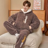 睡衣男子的冬季珊瑚絨加厚羊毛襯里溫暖大尺寸男子法蘭絨秋冬家裝 3177【拉煉連帽】 M L【165-170c體重100-130斤】