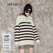 MO&Co.【美麗諾羊毛】 原創(chuàng)LOGO條紋毛衣翻領(lǐng)上衣女拉鏈毛衣針織衫 白黑條色-第2批 XS 155