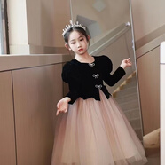 靚琪佳兒童生日禮服輕奢小眾高端主持人鋼琴演出服花童婚禮小女孩公主裙 黑色長袖紗裙 140 不要買大 建議65-75斤