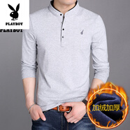 花花公子（PLAYBOY）高端純棉長(cháng)袖t恤男秋冬內衣加絨立領(lǐng)保暖體恤純色打底衫加厚男裝 8165淺灰色加絨 純棉 加厚 4XL 190【180斤-200斤左右】
