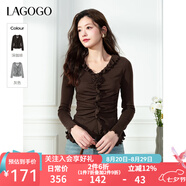 lagogo荷葉邊修身顯瘦長(cháng)袖T恤女拉谷谷2025年秋季新款宮廷風(fēng)上衣 深咖啡 L
