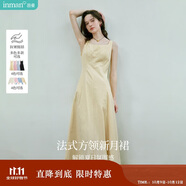 茵曼（INMAN）法式收腰顯瘦方領(lǐng)吊帶連衣裙女裝2025夏季新品長裙子 淺黃色 XL