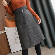 羅蒙（ROMON）前開(kāi)叉一步裙半身裙秋冬a字裙女中長(cháng)款新款毛呢包臀裙高腰中長(cháng)裙 皮帶千鳥(niǎo)格排扣中長(cháng) 灰黑色 XL