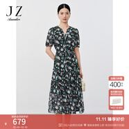 玖姿·安娜蔻輕熟風(fēng)印花雪紡輕薄收腰蛋糕裙連衣裙女2024夏款 花咖啡 S