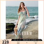 三彩2025秋款雪紡印花連衣裙荷葉邊一字肩兩穿長裙度假風M 薄荷綠花卉 M 160/84A