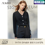 AMII七夕禮物極簡(jiǎn)洋氣V領(lǐng)針織開(kāi)衫秋季新款全棉長(cháng)袖上衣女短裝毛衣針 黑色 XS 150/76A