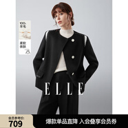 ELLE【型格序曲】法式綿羊毛雙面呢大衣女25冬新款拼接毛呢短外套 黑色 L
