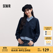 森馬（Semir）森柔棉|商場同款衛(wèi)衣女假兩件條紋春季2025新款翻領(lǐng)開叉衣服 紫藍(lán)80635 M 160/84A