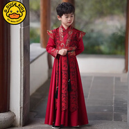 G.duck漢服男童女童中國風(fēng)唐裝男孩古風(fēng)俠客少爺服2025秋薄款古裝演出服 酒紅色假兩件 衣服和腰封 130 cm