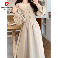 皮爾卡丹（pierre cardin）法式復古少女甜美針織過(guò)膝連衣裙女秋冬大碼胖MM拼接燈芯絨長(cháng)裙子 杏色 M 85-100斤