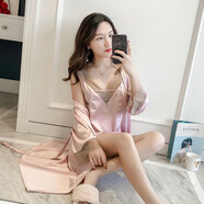 KJ睡衣女性感蕾絲吊帶睡裙睡袍兩件套裝仿真絲家居服春夏新款 橡皮粉 XL (125-140)