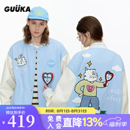 古由卡（GUUKA）潮牌休閑夾克男士棒球服外套秋季男裝青年情侶裝外衣可拆卸愛心鏡 天空藍色 （棒球服夾克男女士同款） L