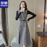 羅蒙（ROMON）西裝領(lǐng)連衣裙千鳥(niǎo)格無(wú)袖背心裙春秋新款毛呢兩件套裙子單件/套裝 單件千鳥(niǎo)格連衣裙 XL 建議親120-133斤