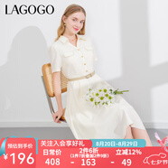 lagogo氣質(zhì)通勤翻領(lǐng)襯衫連衣裙女拉谷谷夏季新款修身腰帶短袖裙子 米色(T2) XL