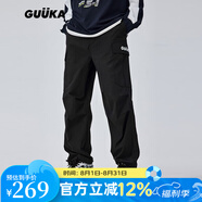 古由卡（GUUKA）潮牌抽繩束腳工裝休閑褲男2025秋冬新款嘻哈刺繡寬松長(zhǎng)褲傘兵褲 黑色X60154 M
