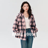 Basic House/百家好撞色格子外套秋季休閑連帽抽繩單排扣長(cháng)袖上衣 粉色 S 90-120斤