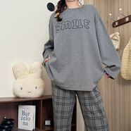 香雅馨 韓版睡衣女春秋長(cháng)袖棉質(zhì)寬松家居服兩件套裝夏季甜美V領(lǐng)卡通貓咪 411916字母格子褲 L 100-120斤